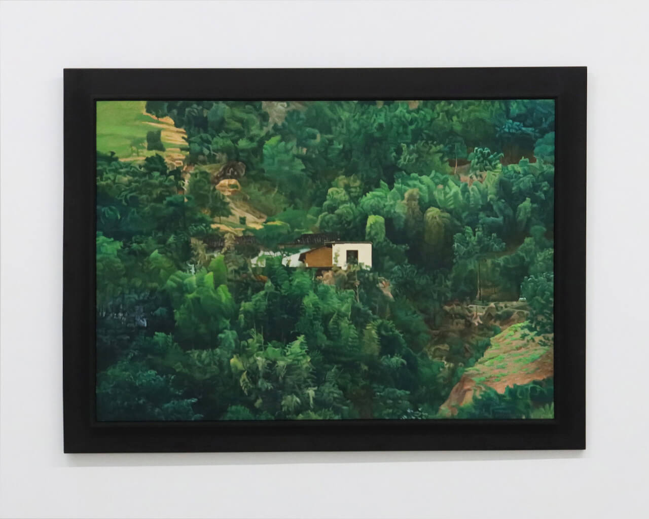藝術家陳建中2009年作品〈山村〉，山丘與民宅的中國廣東風景畫